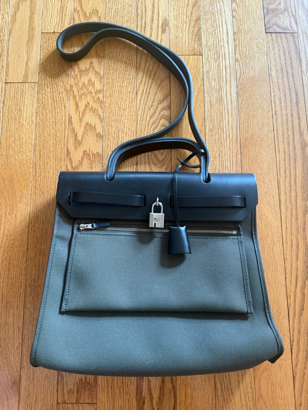 Hermes Green Canvas Shoulder Bag with Black Leather Flap